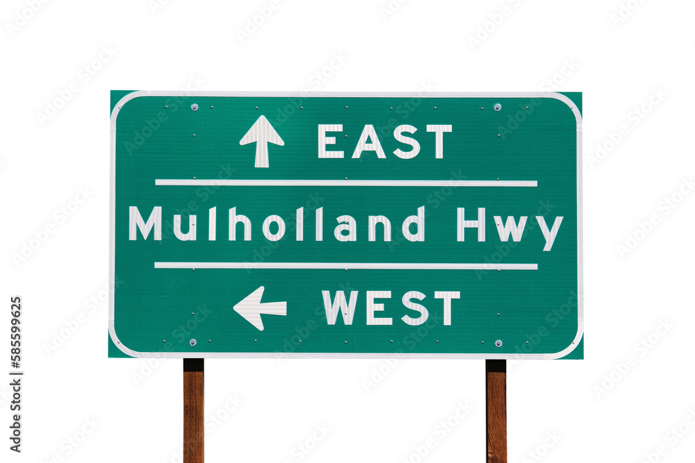 Mulholland Highway sign in Los Angeles, California.  Isolated with cut out background.