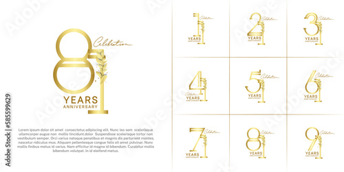 set of anniversary logotype golden color with golden leaf for special celebration event