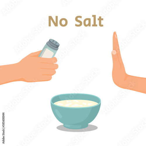 Human hand using refuse salt to a bowl of porridge