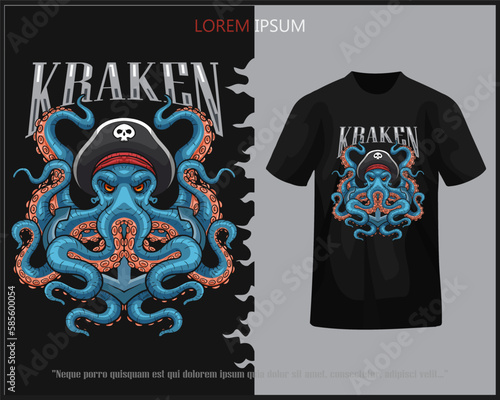 Octopus kraken pirates mascot isolated on black t-shirt photo