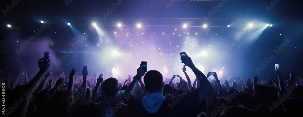 A crowd of people at a live event, concert or party holding smartphones. Large audience, crowd, or participants of a live event, in a arena type venue with bright lights above. Generative AI.