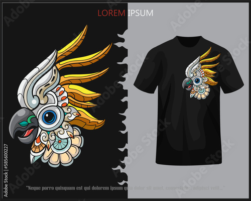 Colorful cockatoo head mandala arts isolated on black t-shirt.