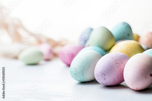 colorful Easter eggs arranged neatly on a table. Generative AI