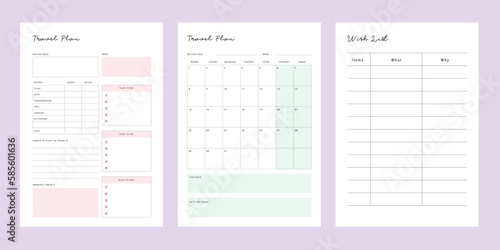 Travel Planner and Wish List. Minimalist planner template set. Vector illustration.	