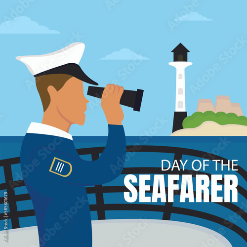 illustration vector graphic of a ship captain looking at the lighthouse tower with binoculars, perfect for international day, day of the seafarer, celebrate, greeting card, etc.