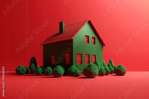 green house in a forest clearing on a red background. Generative AI