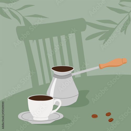 Trendy minimalist square card with turkish pot and cup of coffee on table in cafe. Cezve manual brewing. Contemporary wall art for kitchen. Outdoor restaurant scene in summer. Vector flat illustration