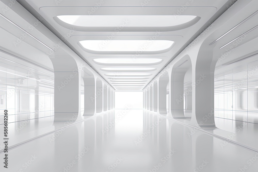 long, minimalist hallway with white walls and high ceilings. Generative AI