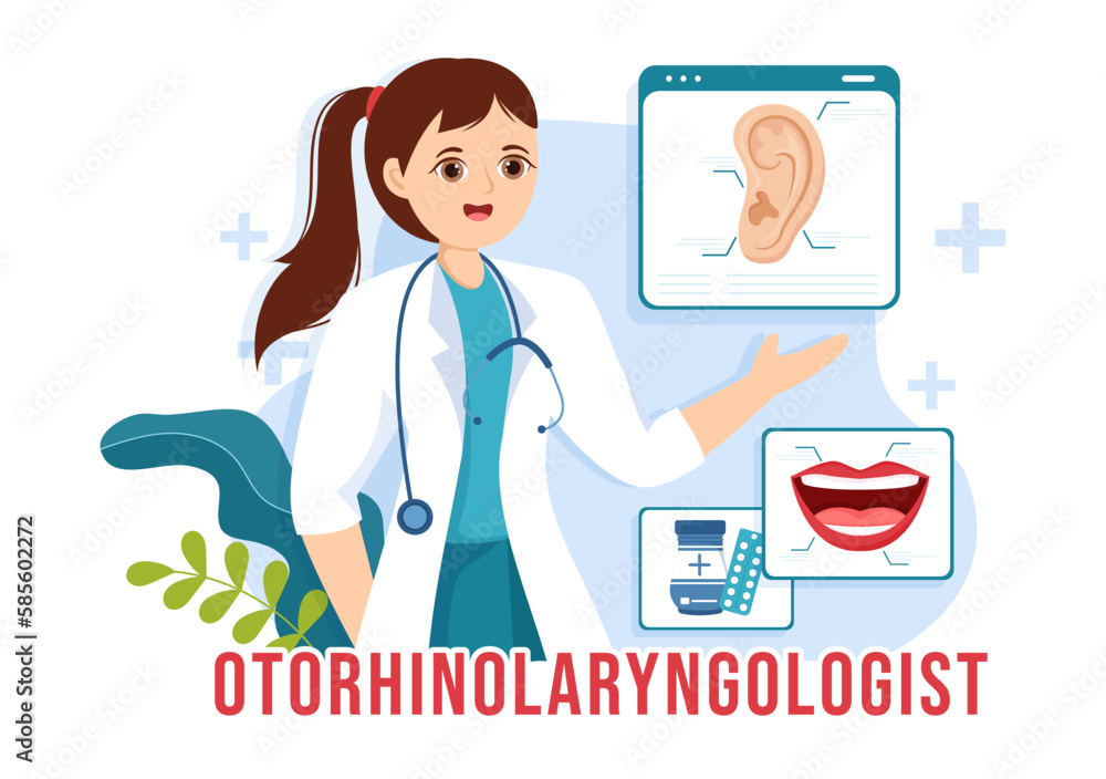 Otorhinolaryngologist Illustration with Medical Relating to the Ear, Nose and Throat in Healthcare Flat Cartoon Hand Drawn Landing Page Templates