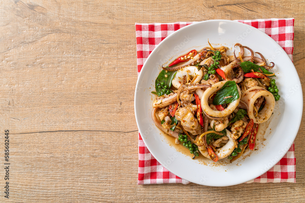 stir fried holy basil with octopus or squid and herb stir fried holy basil with octopus or squid and herb