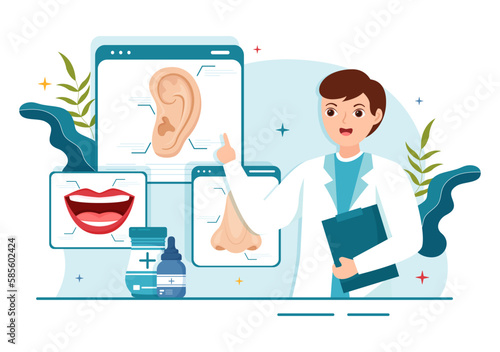 Otorhinolaryngologist Illustration with Medical Relating to the Ear, Nose and Throat in Healthcare Flat Cartoon Hand Drawn Landing Page Templates