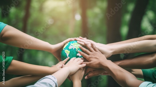 World environment day with global community teamwork, a group of volunteers joining hands together concept. People join for cooperation success. teamwork and business. Generative AI. photo