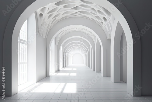 long hallway with arched white walls, leading towards a bright light at the end. Generative AI