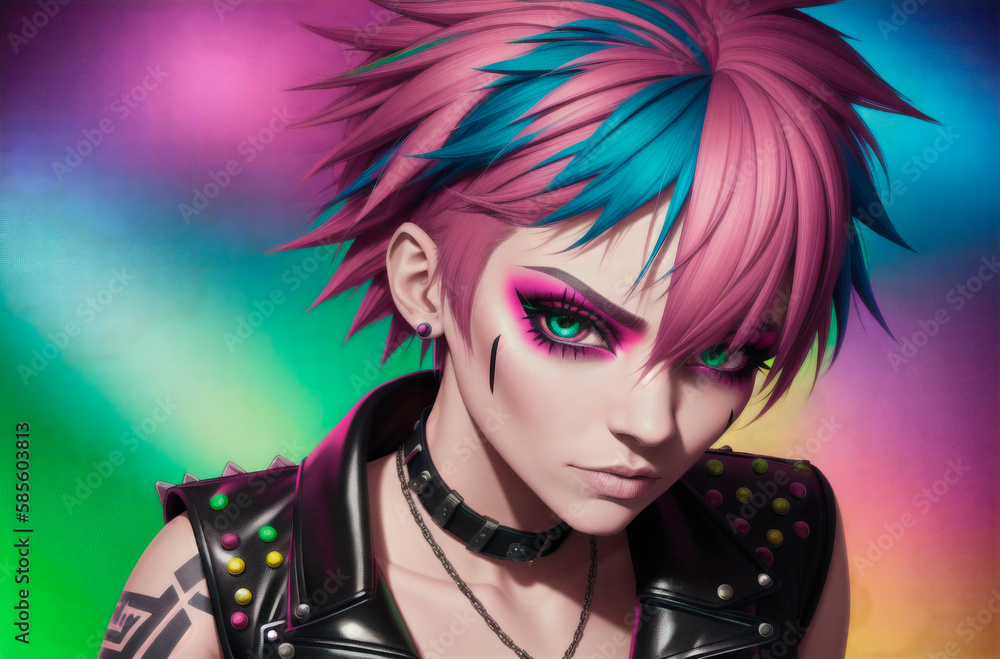 Portrait of a punk girl with bright make up and colorful hair. Generative AI. Portrait of a punk girl with bright make up and colorful hair. Generative AI.