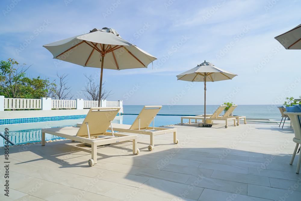 bed pool around swimming pool with sea background