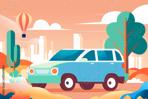 May 1st labor day holiday a family drives out to travel, with city buildings and mountains in the background, vector illustration
