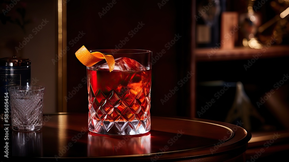 A sophisticated Negroni cocktail served in a lowball glass, featuring a deep red color and a