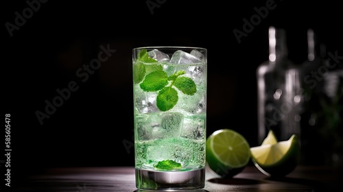 A tall glass filled with a refreshing Mojito for summer, featuring a minty aroma and bright green color. Made with white rum, lime juice, sugar, soda water, and fresh mint leaves, generative ai