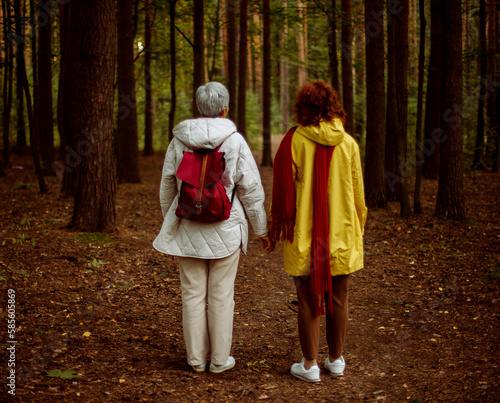 Two old female friends hiking together through the forest in autumn. Back view.