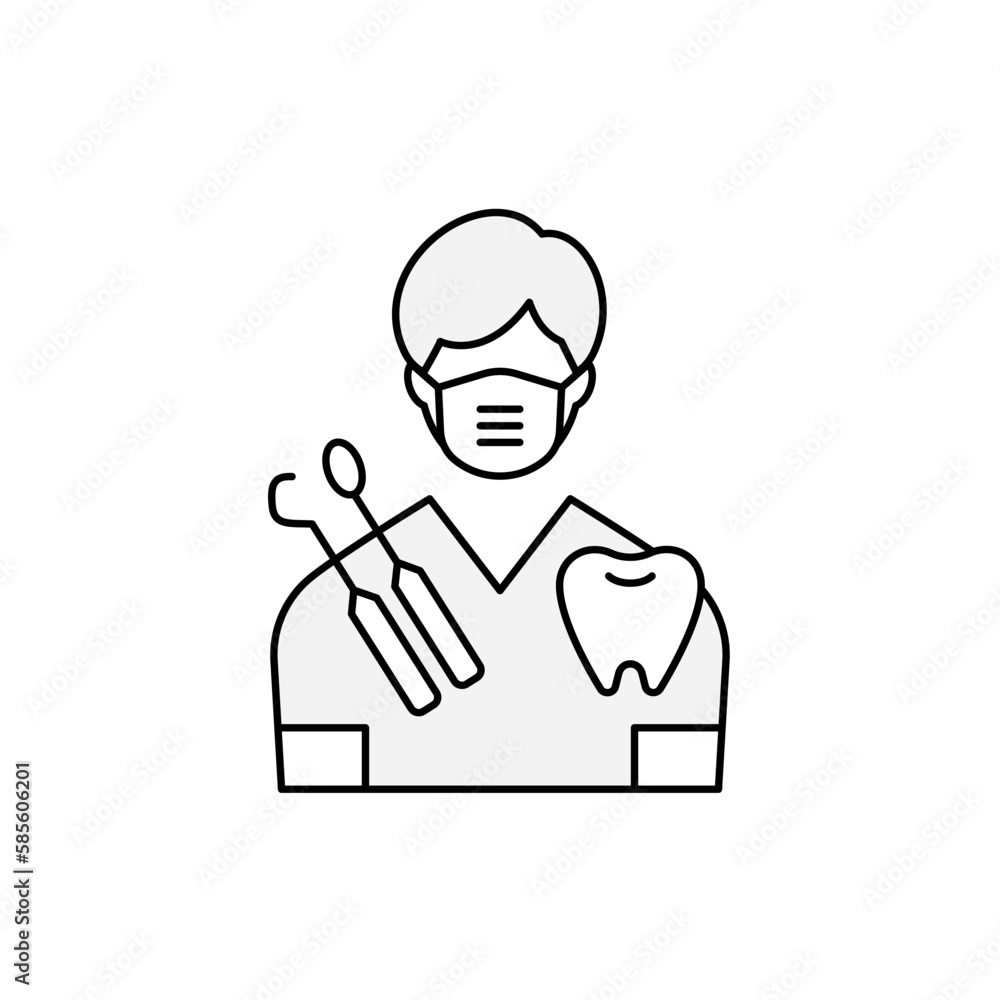 Young male dentist wearing scrubs. Dental instruments and tooth. Young male dentist wearing scrubs. Dental instruments and tooth.
