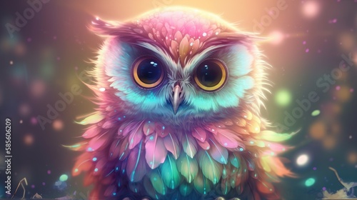 Adorable cartoon rainbow owl. Iridescent baby bird with big eyes. Sweet magical wildlife.