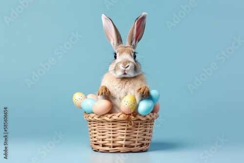 cute rabbit sitting in a basket surrounded by colorful Easter eggs. Generative AI