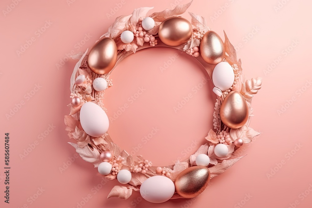 pink and gold Easter wreath adorned with decorative eggs. Generative AI pink and gold Easter wreath adorned with decorative eggs. Generative AI