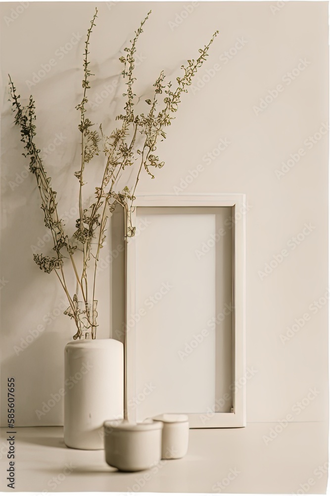 Picture frame mockup with vase and dry plants on beige wall. Picture frame mockup with vase and dry plants on beige wall.