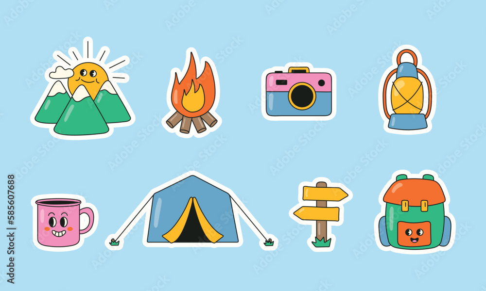 Summer hiking sticker set. Vector illustration Summer hiking sticker set. Vector illustration