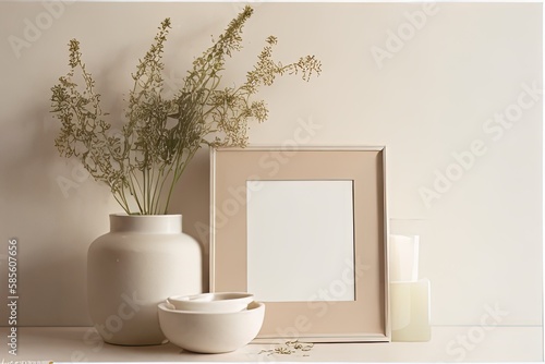 Picture frame mockup with vase and dry plants on beige wall. © CHIC studio