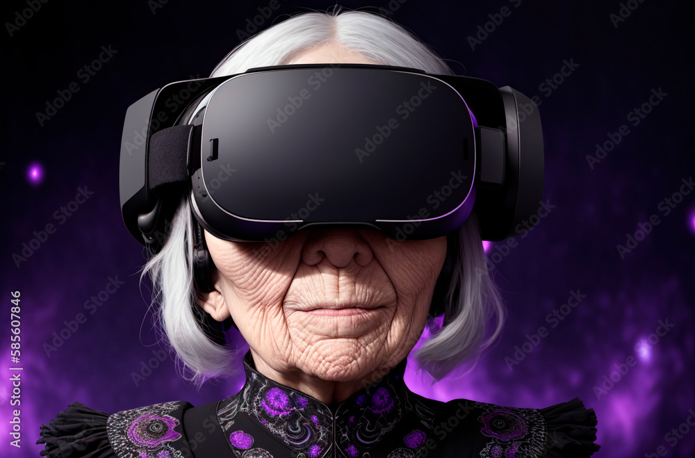 Elderly woman in VR goggle on background of space. Portrait of happy retired lady in virtual reality glasses. Generative AI. Elderly woman in VR goggle on background of space. Portrait of happy retired lady in virtual reality glasses. Generative AI.