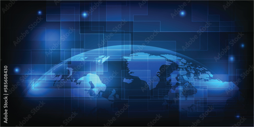 Vector illustrations of neon blue glowing globe with digital circuit network.Futuristic digital communication innovation and technology for game develop and advertising artwork. Vector illustrations of neon blue glowing globe with digital circuit network.Futuristic digital communication innovation and technology for game develop and advertising artwork.