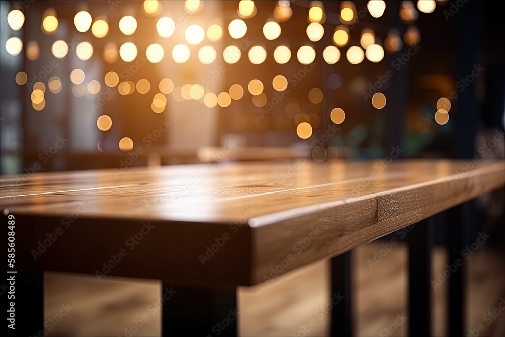 wooden table with ambient lighting in the background. Generative AI