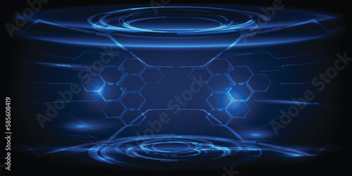 Vector illustration of Futuristic digital blue neon curve stage with digital element around for hi tech advertising and game showcase.Future digital technology concepts.