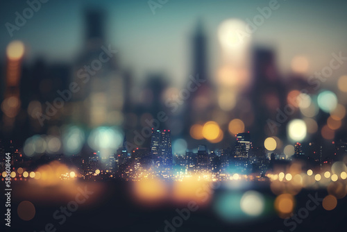 Defocused city in downtown, blurred bokeh cityscape at twilight time, city background