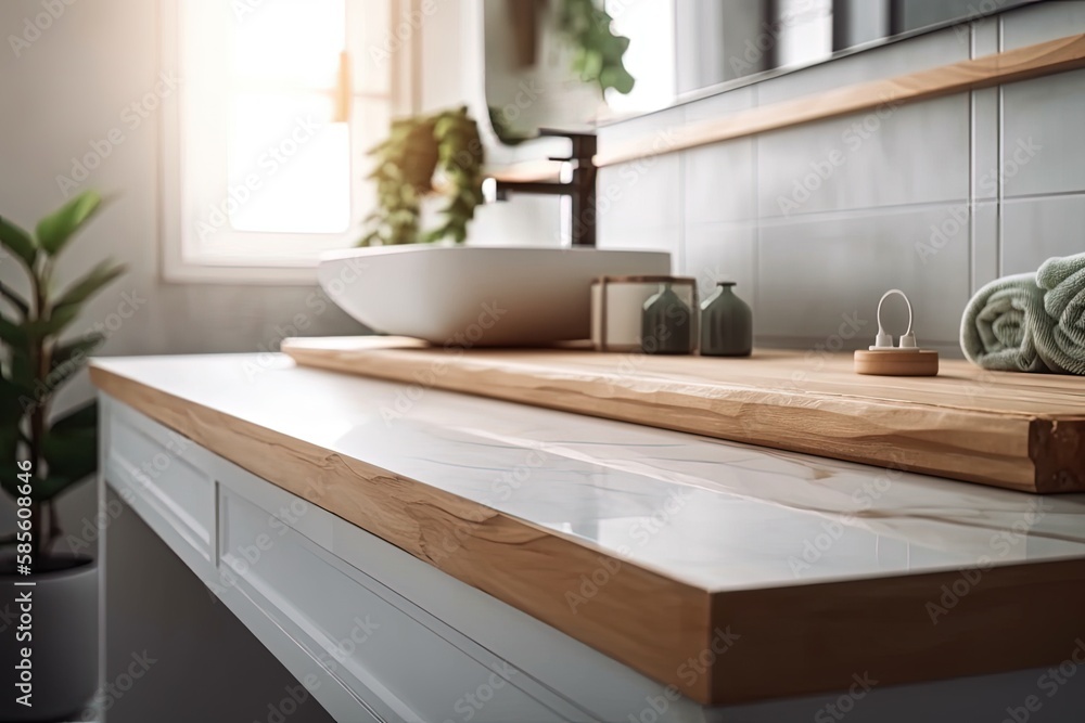 modern bathroom with a wooden countertop and a white sink. Generative AI modern bathroom with a wooden countertop and a white sink. Generative AI