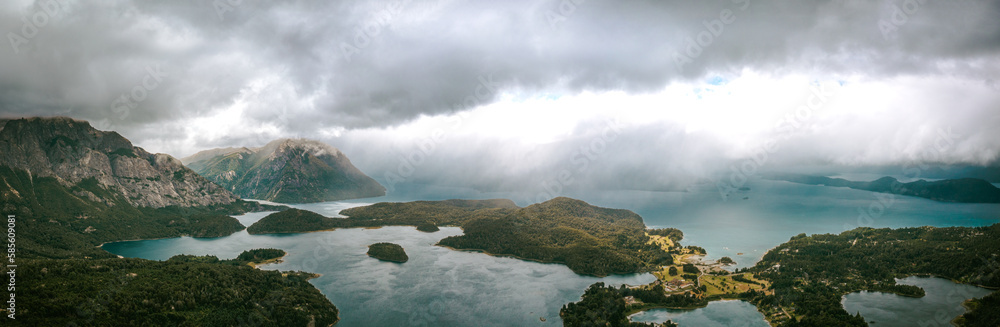 Patagonia storm mountains and lakes. Panoramic
