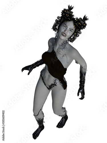 A 3d digital render of a woman wearing a fantasy gothic skimpy outfit. She could be a vampire or undead and is in pain or upset. This is not a real person. 