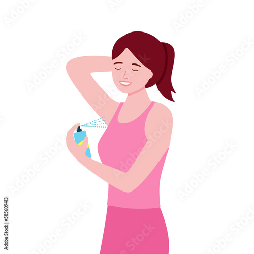 Cute girl using body spray in flat design on white background.