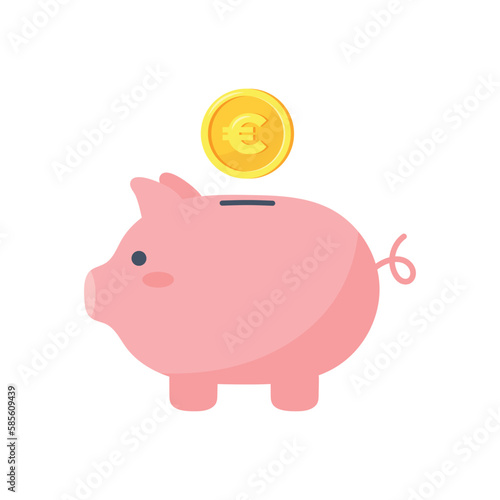Piggy bank and euro coin isolated on white background. Vector illustration