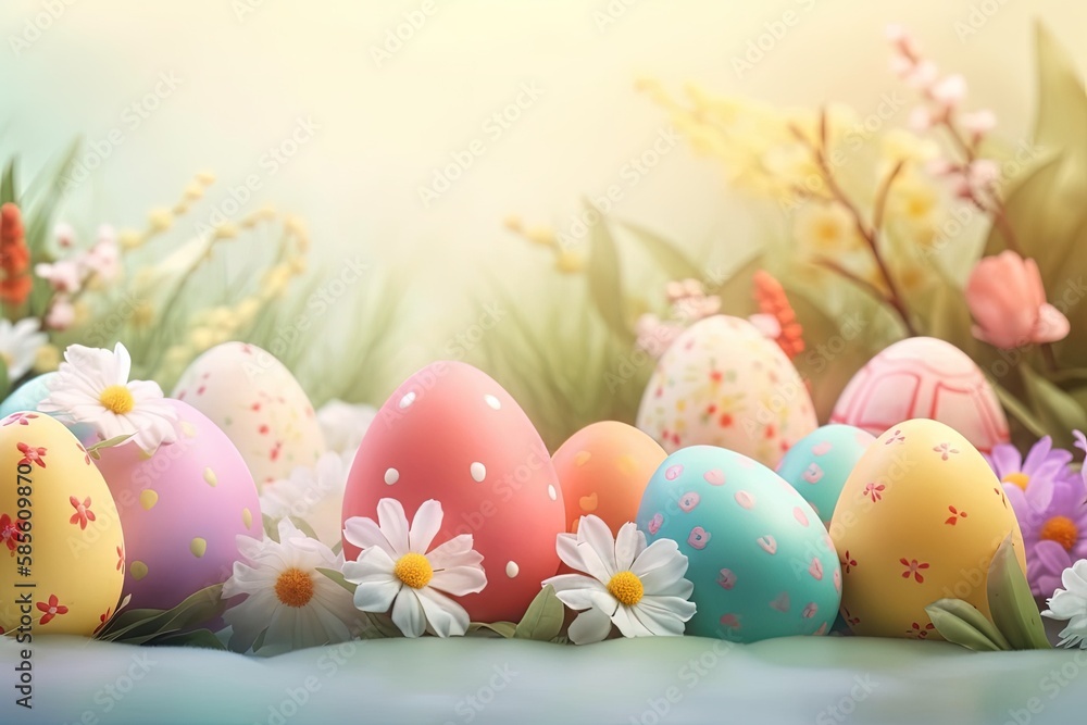 colorful Easter eggs decorated with daisies and other spring flowers. Generative AI