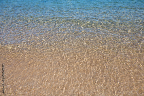 Blue ocean wave on sandy beach. Beach in sunset summer time. Beach landscape. Tropical seascape  calmness  tranquil relaxing sunlight.