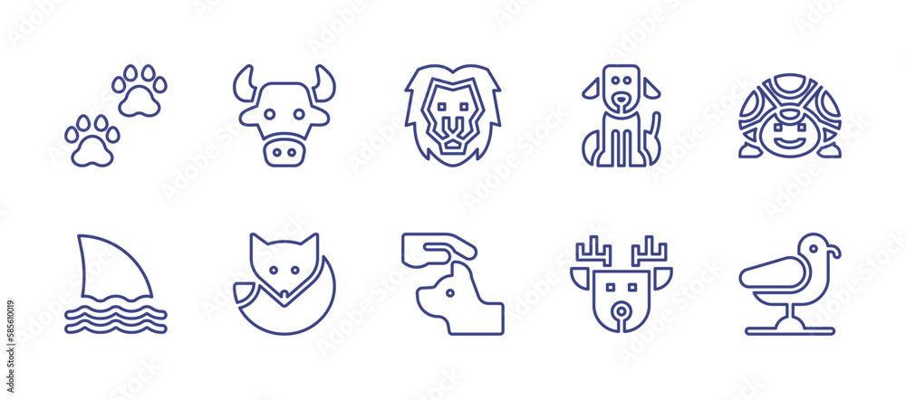 Animals line icon set. Editable stroke. Vector illustration. Containing pawprints, cow, lion, dog, turtle, shark, arctic fox, deer, seagull.