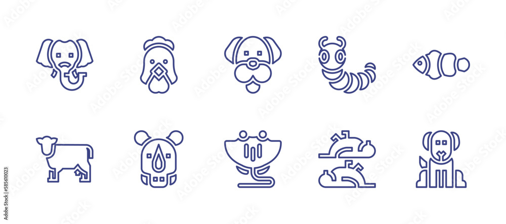 Animals line icon set. Editable stroke. Vector illustration. Containing elephant, chicken, dog, caterpillar, clown fish, animal kingdom, rhino, manta ray, birds.