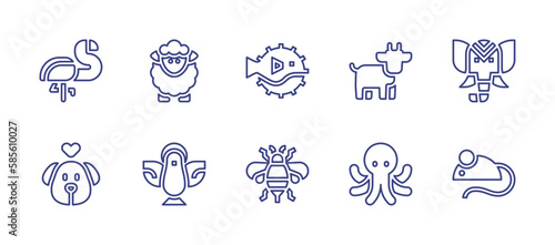 Animals line icon set. Editable stroke. Vector illustration. Containing flamingo, sheep, puffer fish, goat, elephant, dog, dove, bee, octopus, mouse.