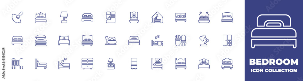 Bedroom line icon collection. Editable stroke. Vector illustration. Containing duster, double bed, table lamp, bedroom, single bed, shelter, bed, bedding, hotel bed, sleep, slippers, babies, and more.