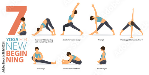 7 Yoga poses or asana posture for workout in new beginning concept. Women exercising for body stretching. Fitness infographic. Flat cartoon vector.