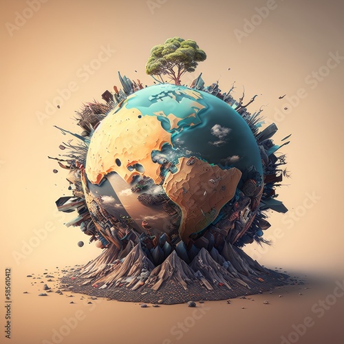 Planet Earth with overpopulation, circular buildings around the planet, pollution, global warming, environmental destruction, climate change with one tree left. Globe view. Unreal. Generative AI. photo