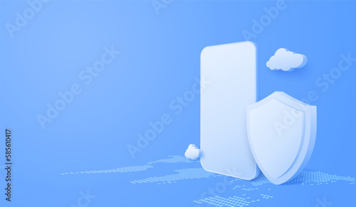 3D Mobile with shield security concept. Digital technology data protection. Application online safety concept. Vector art illustration background