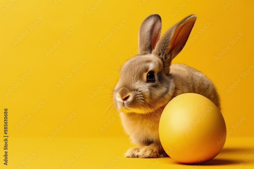 cute rabbit sitting beside a colorful Easter egg on a vibrant yellow background. Generative AI cute rabbit sitting beside a colorful Easter egg on a vibrant yellow background. Generative AI